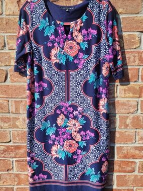 Madison Leigh Navy Floral Midi Dress with Coral and Teal Accents